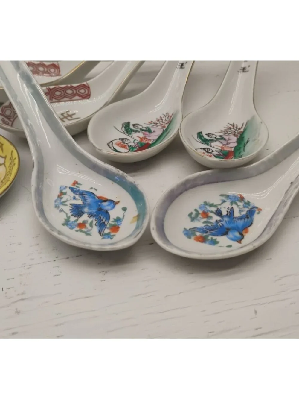 Vtg Chinese Porcelain Spoon Lot Koi Fish Birds Hand Painted 8 Total